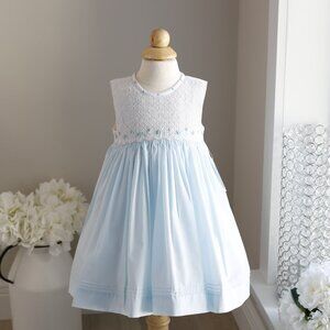 Smocked Blue & White Dress Embroidery Pin Tucks Luli & Me Spring Summer NWT